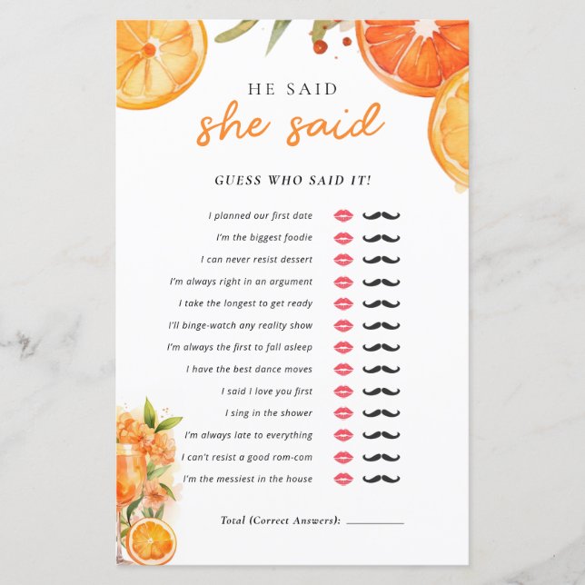 He Said She Said Aperol Bridal Shower Game (Front)
