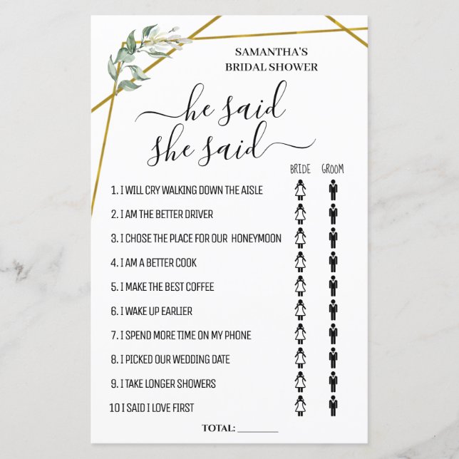 He said she said bilingual bridal shower game (Front)