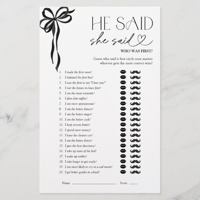 He Said She Said Black Bow Bridal Shower Game (Front)