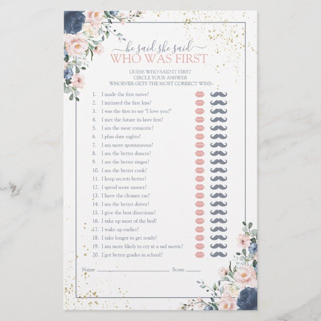 He Said She Said Blue Blush Bridal Shower Game (Front)