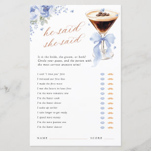 He Said She Said Blue Bow Bridal Shower Game