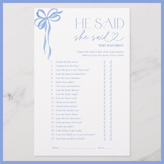 He Said She Said Blue Bow Bridal Shower Game (Creator Uploaded)