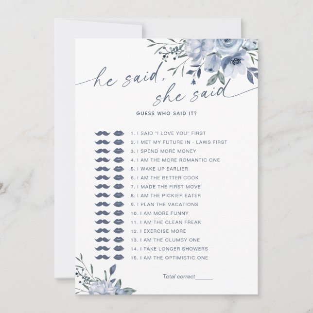 He Said She Said Blue Bridal Shower Game Card (Front)