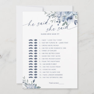 He Said She Said Blue Bridal Shower Game Card