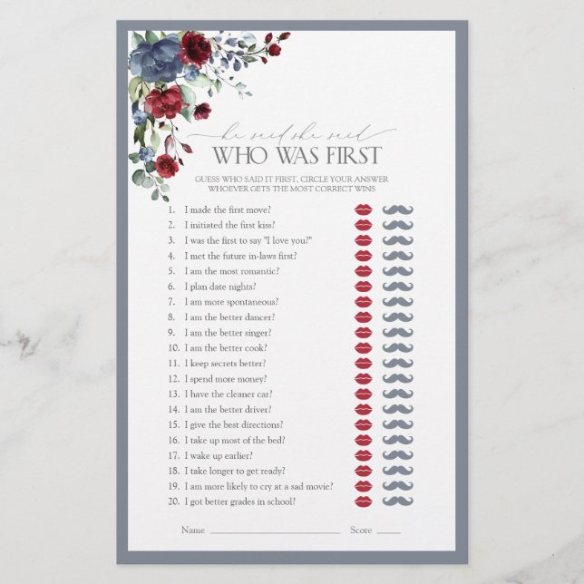 He Said She Said Blue Burgundy Bridal Shower Game (Front)