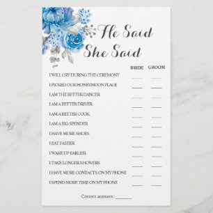 He Said She Said Blue Couple Shower Game Card