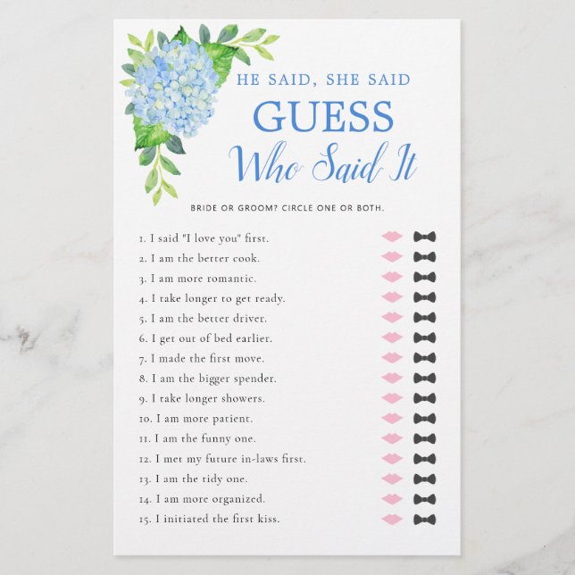 He Said She Said Blue Hydrangea Bridal Shower Game (Front)