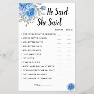 He Said She Said BlueFlower Bridal ShowerGame Card