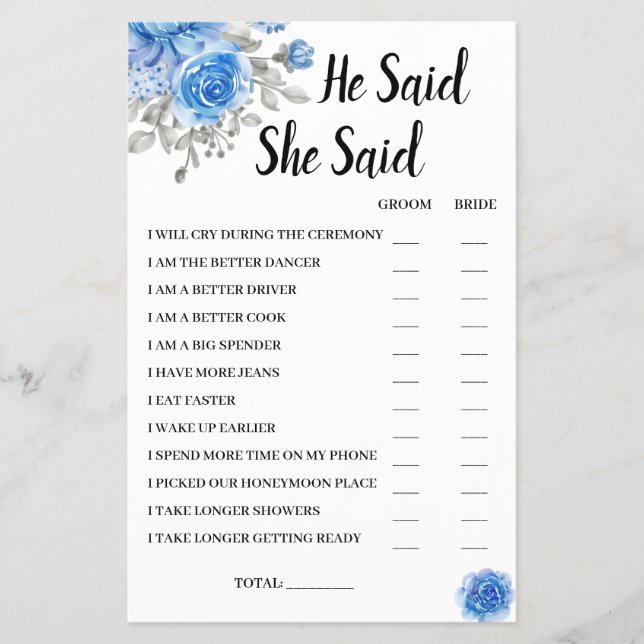 He Said She Said BlueFlower Bridal ShowerGame Card (Front)