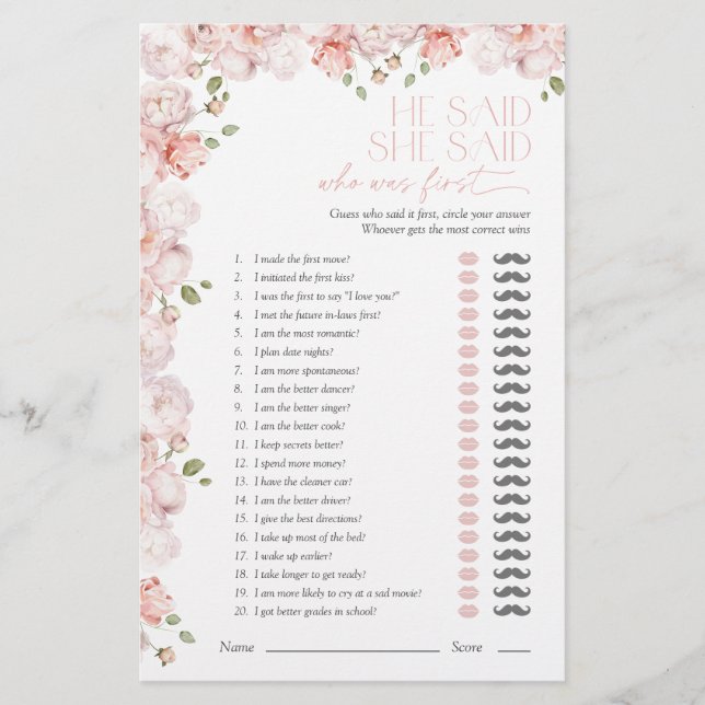 He Said She Said Blush Pink Bridal Shower Game (Front)
