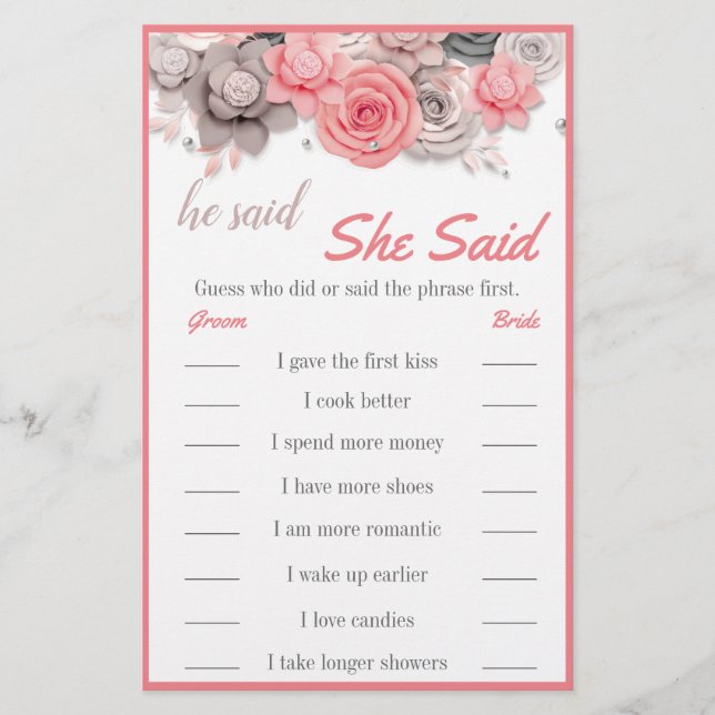 He Said / She Said Bridal Game Card (Front)