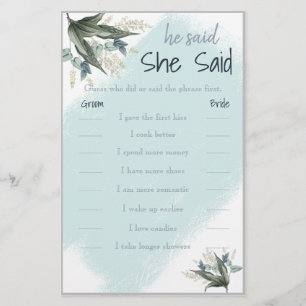 He Said / She Said Bridal Game Card Flyer