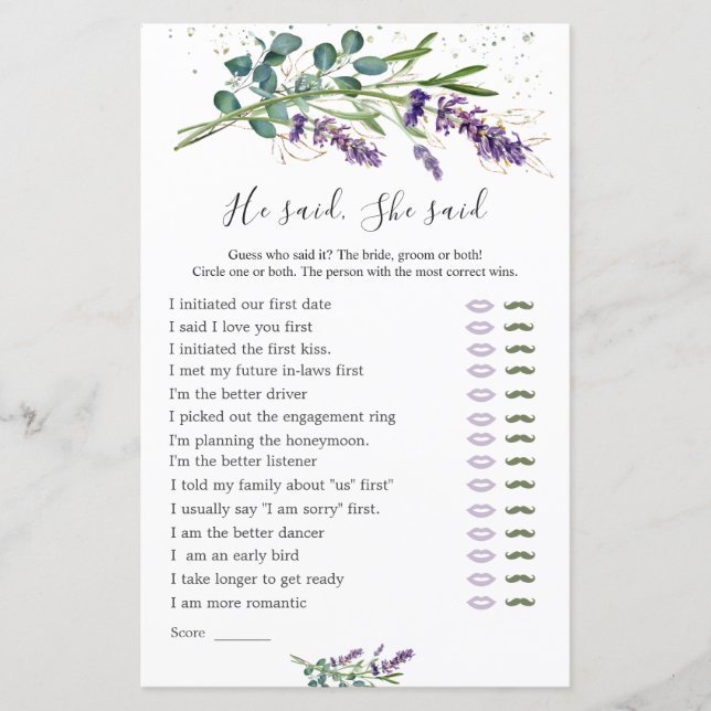 He Said She Said Bridal Game, Lavender Eucalyptus (Front)