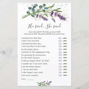 He Said She Said Bridal Game, Lavender Eucalyptus