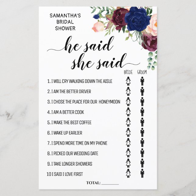 He said she said bridal shower biingual game (Front)