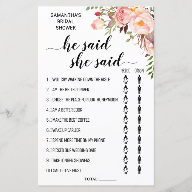 He said she said bridal shower biingual game (Front)