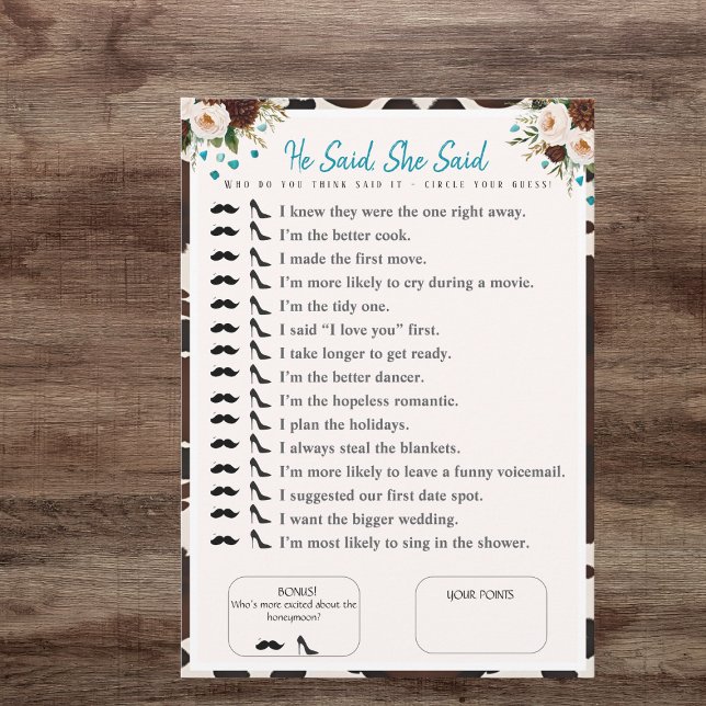 He Said, She Said Bridal shower boho Game Invitation (He Said, She Said Bridal shower boho Game)