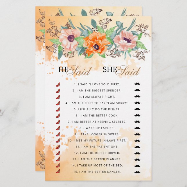 He said she said bridal shower game (Front/Back)