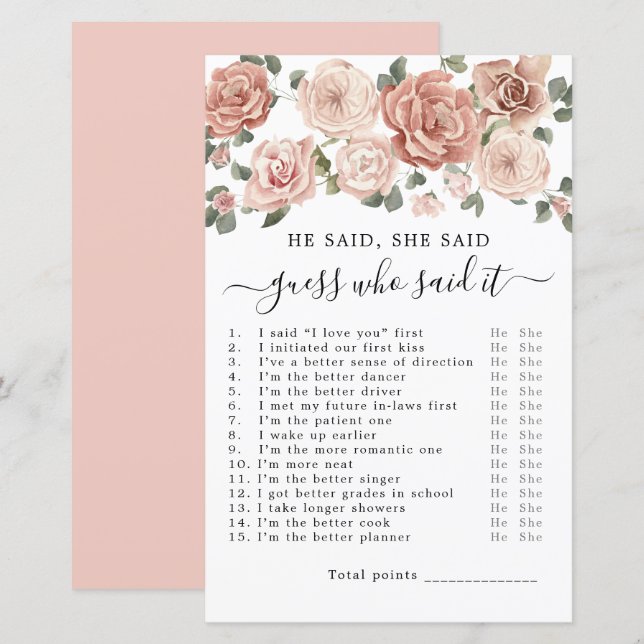 He Said She Said Bridal Shower Game (Front/Back)