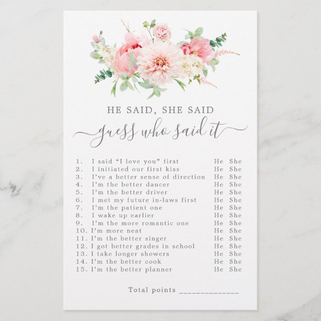 He Said She Said Bridal Shower Game (Front)