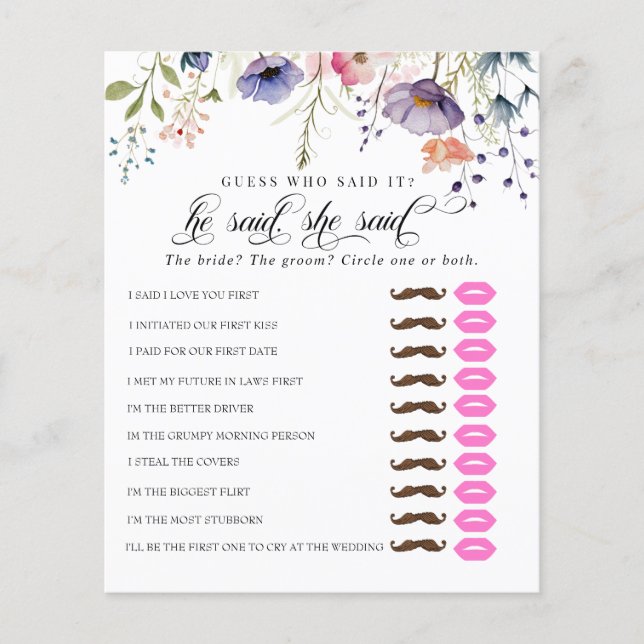 He Said She Said | Bridal Shower Game  (Front)