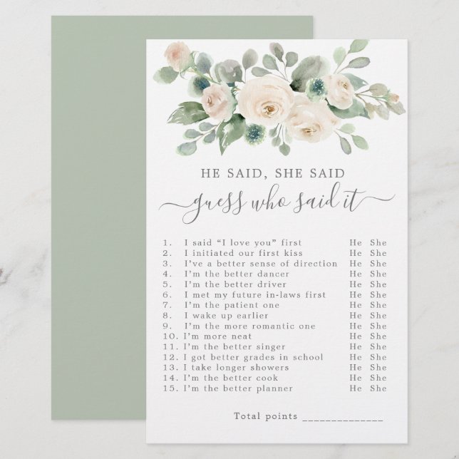 He Said She Said Bridal Shower Game (Front/Back)