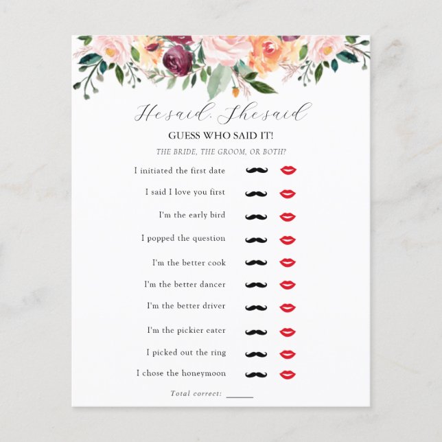 He Said, She Said Bridal Shower Game (Front)