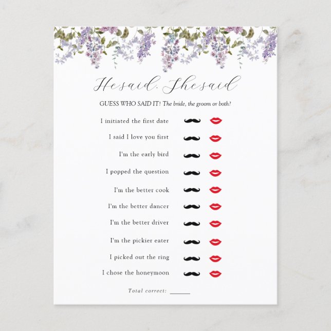 He Said, She Said Bridal Shower Game (Front)