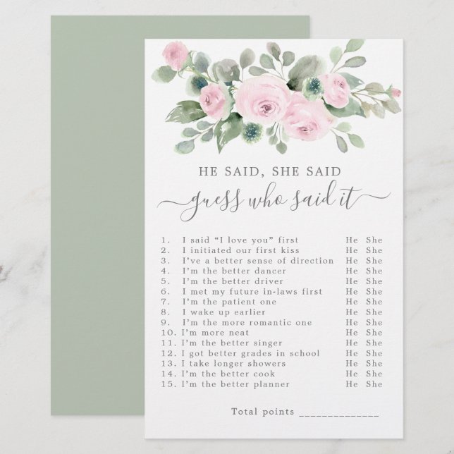 He Said She Said Bridal Shower Game (Front/Back)