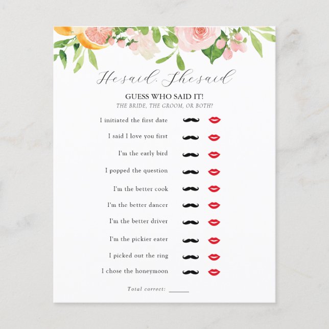 He Said, She Said Bridal Shower Game (Front)