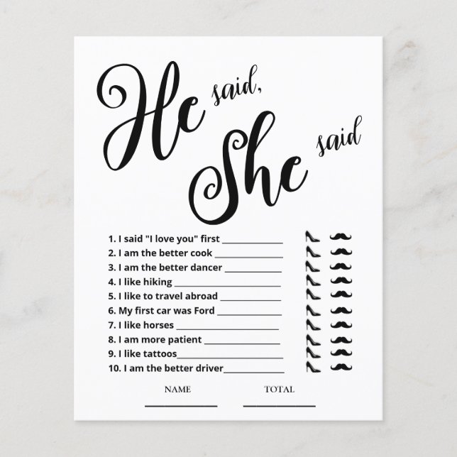 He said She said Bridal Shower Game (Front)
