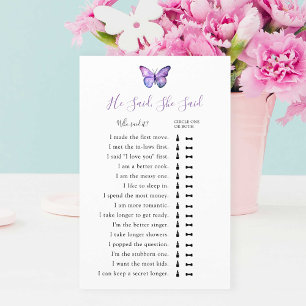 He Said She Said Bridal Shower Game Butterfly