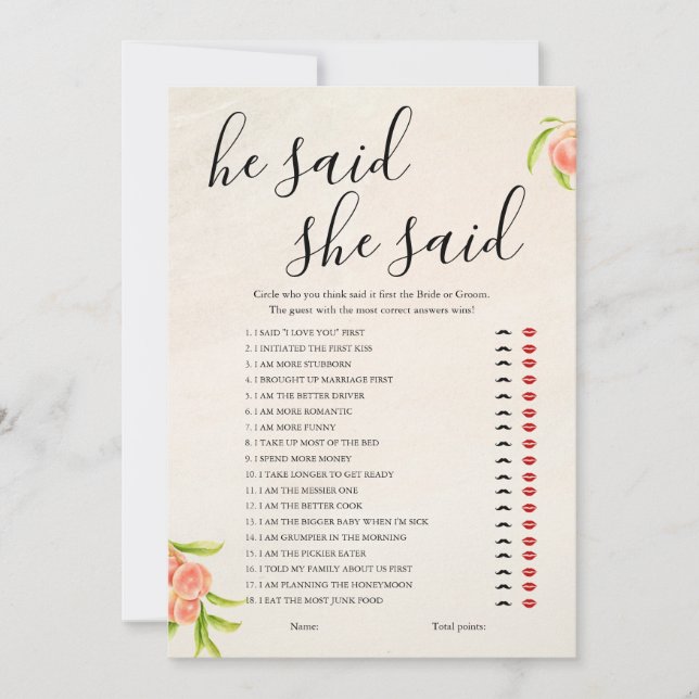 He Said She Said Bridal Shower Game Card (Front)