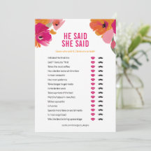 He Said She Said Bridal Shower Game Card Floral