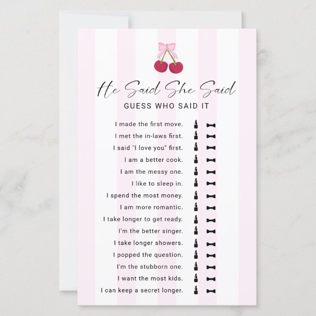 He Said She Said Bridal Shower Game Coquette (Front)