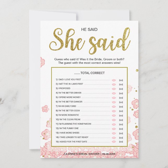 He Said She Said Bridal Shower Game | Gold and Pin (Front)