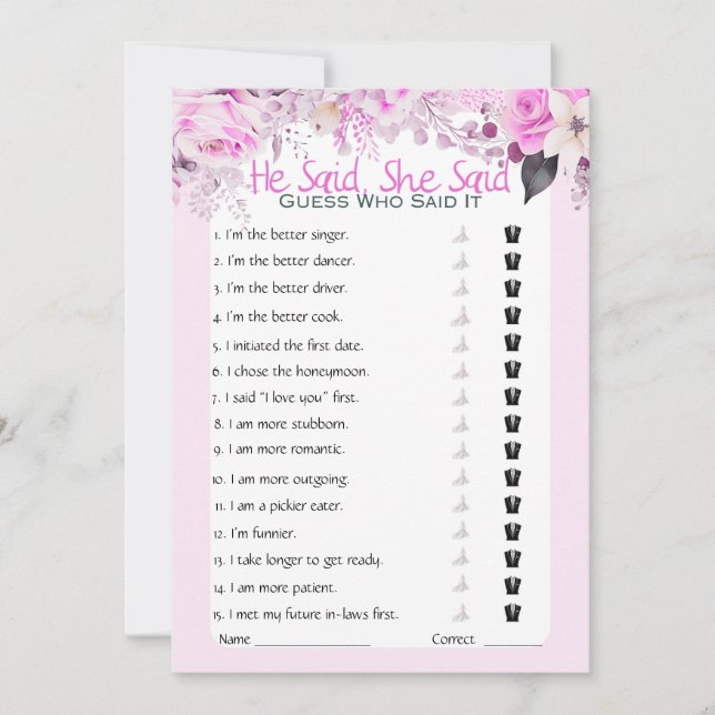 He Said She Said Bridal Shower Game Invitation (Front)
