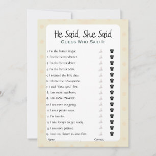 He Said She Said Bridal Shower Game Invitation