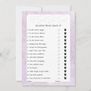 He Said She Said Bridal Shower Game Invitation