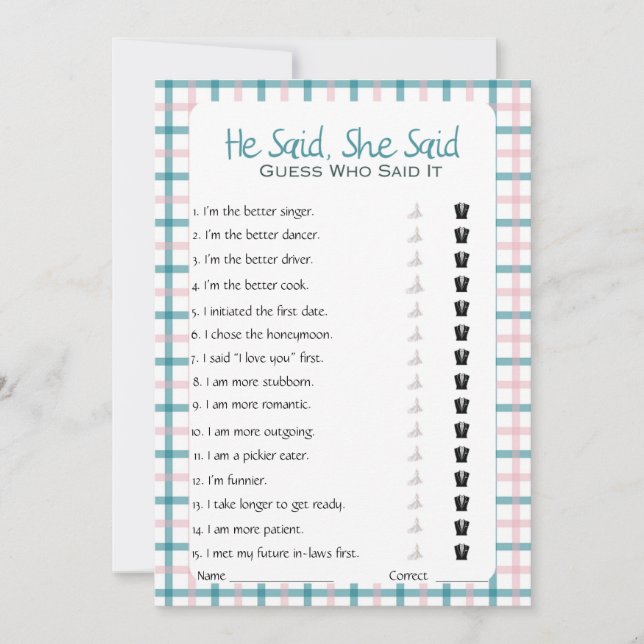 He Said She Said Bridal Shower Game Invitation (Front)