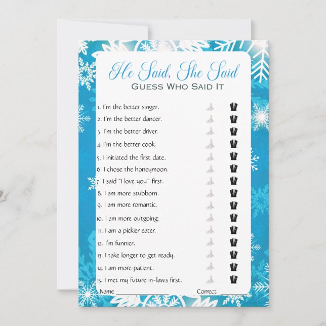He Said She Said Bridal Shower Game Invitation (Front)