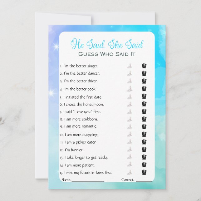 He Said She Said Bridal Shower Game Invitation (Front)