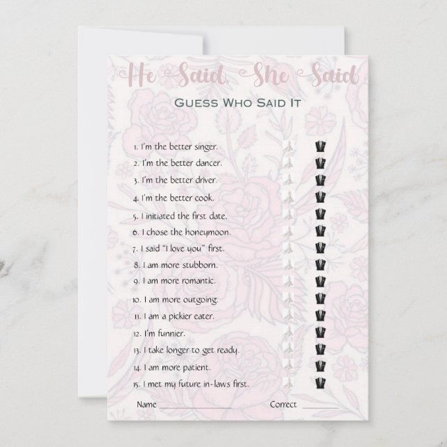 He Said She Said Bridal Shower Game Invitation (Front)