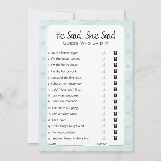 He Said She Said Bridal Shower Game Invitation (Front)