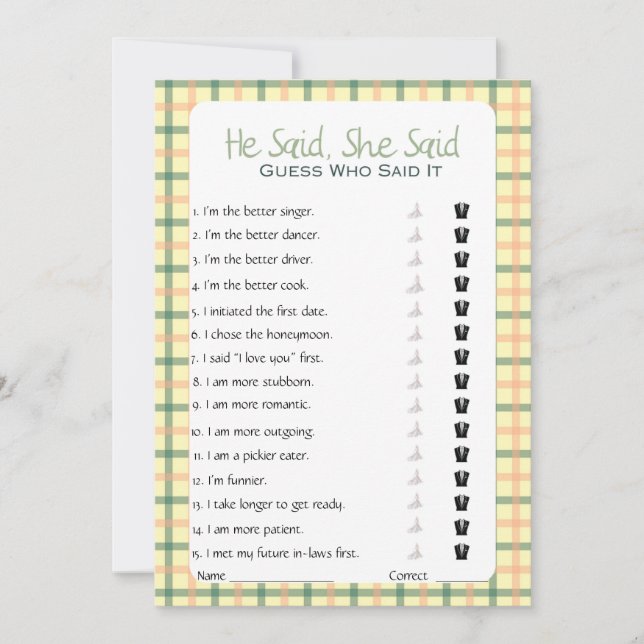 He Said She Said Bridal Shower Game Invitation (Front)