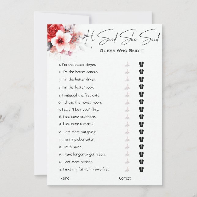 He Said She Said Bridal Shower Game Invitation (Front)