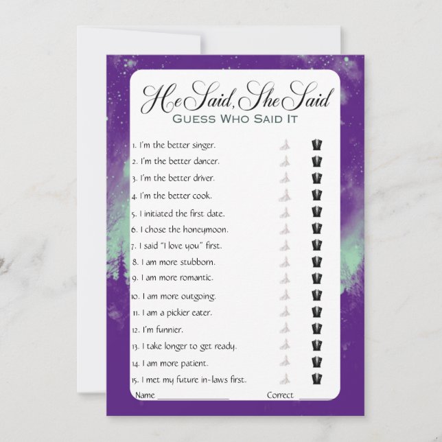 He Said She Said Bridal Shower Game Invitation (Front)