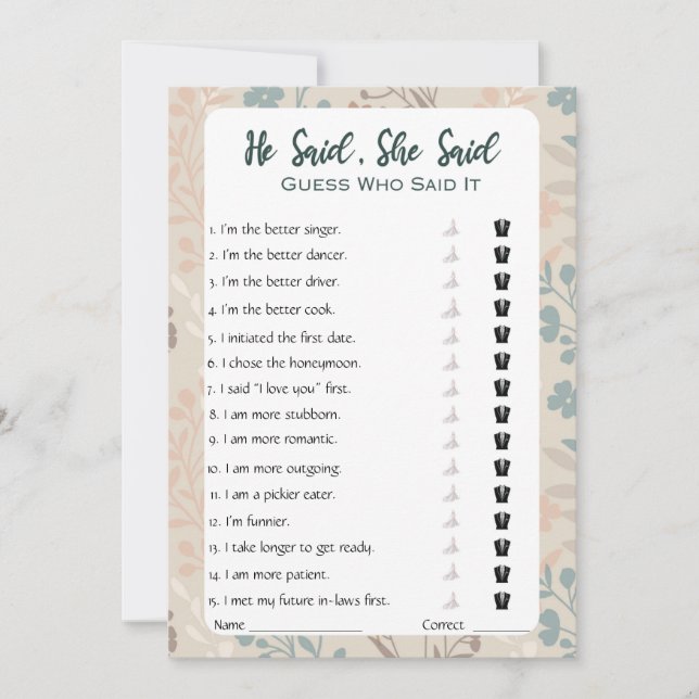 He Said She Said Bridal Shower Game Invitation (Front)