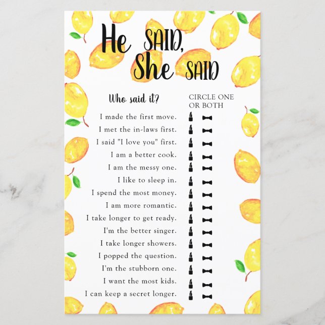 He Said She Said Bridal Shower Game Lemon  (Front)