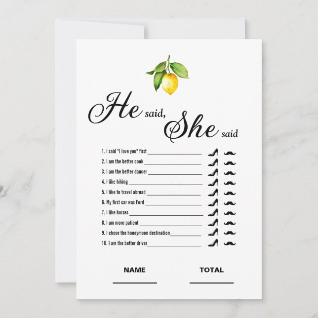 He said She said Bridal Shower Game Lemon Card (Front)